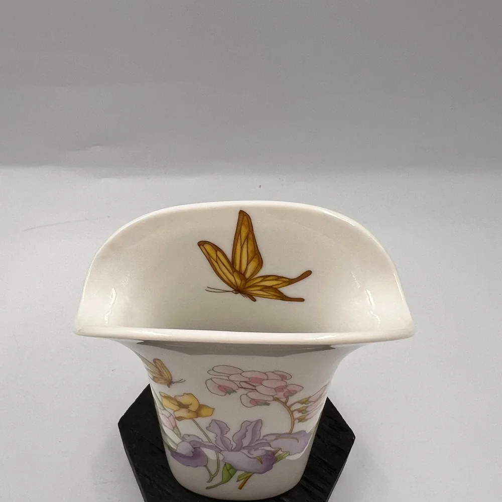 Vintage Fine China Japan Porcelain Flared Vase Iris Floral Butterfly Gold Trim
